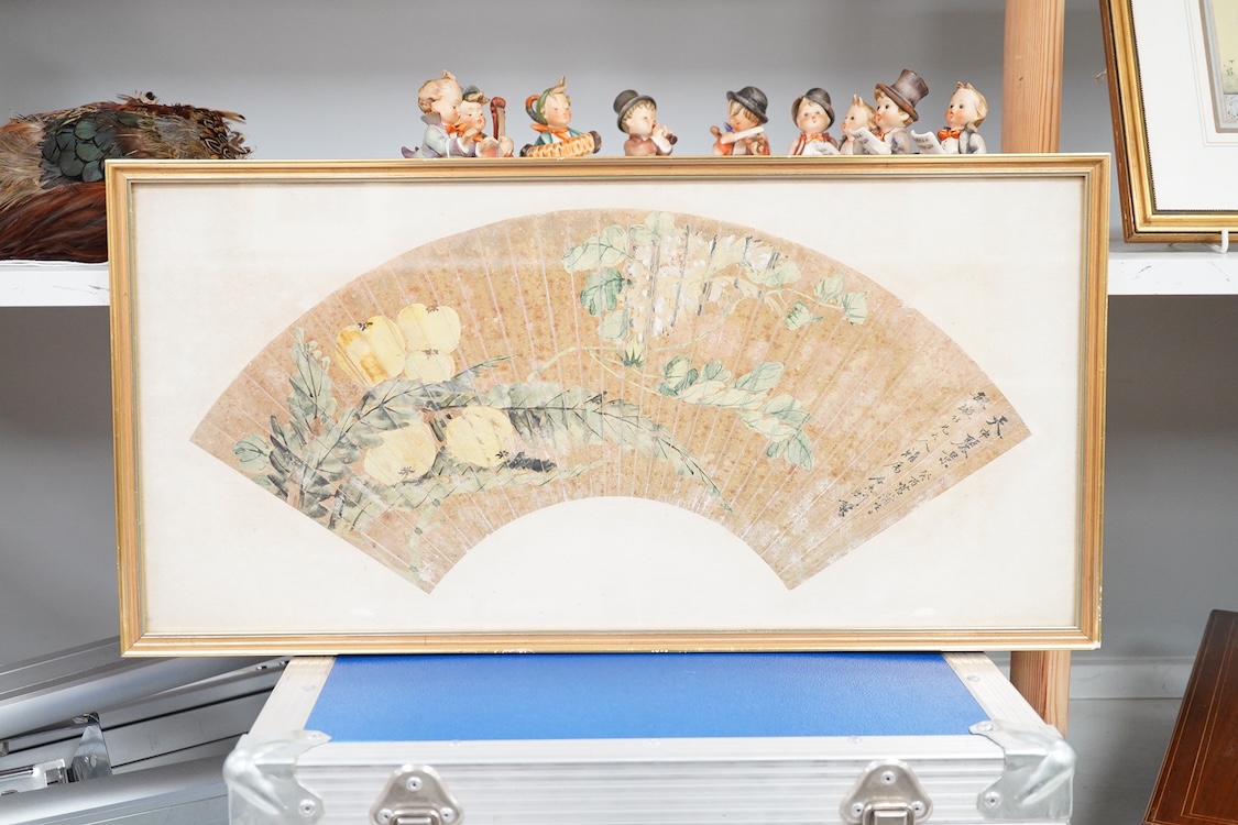 Early 20th century, Chinese School, hand painted fan, signed with character marks and red seal marks, 26 x 53cm, framed
